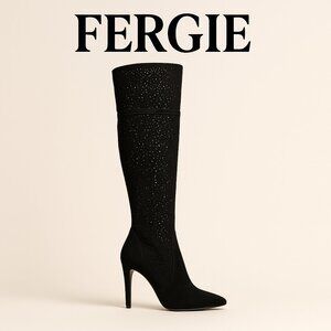 Fergie Destiny Women’s Over-the-Knee Boots Black Suede Perforated Slouch Pull-On